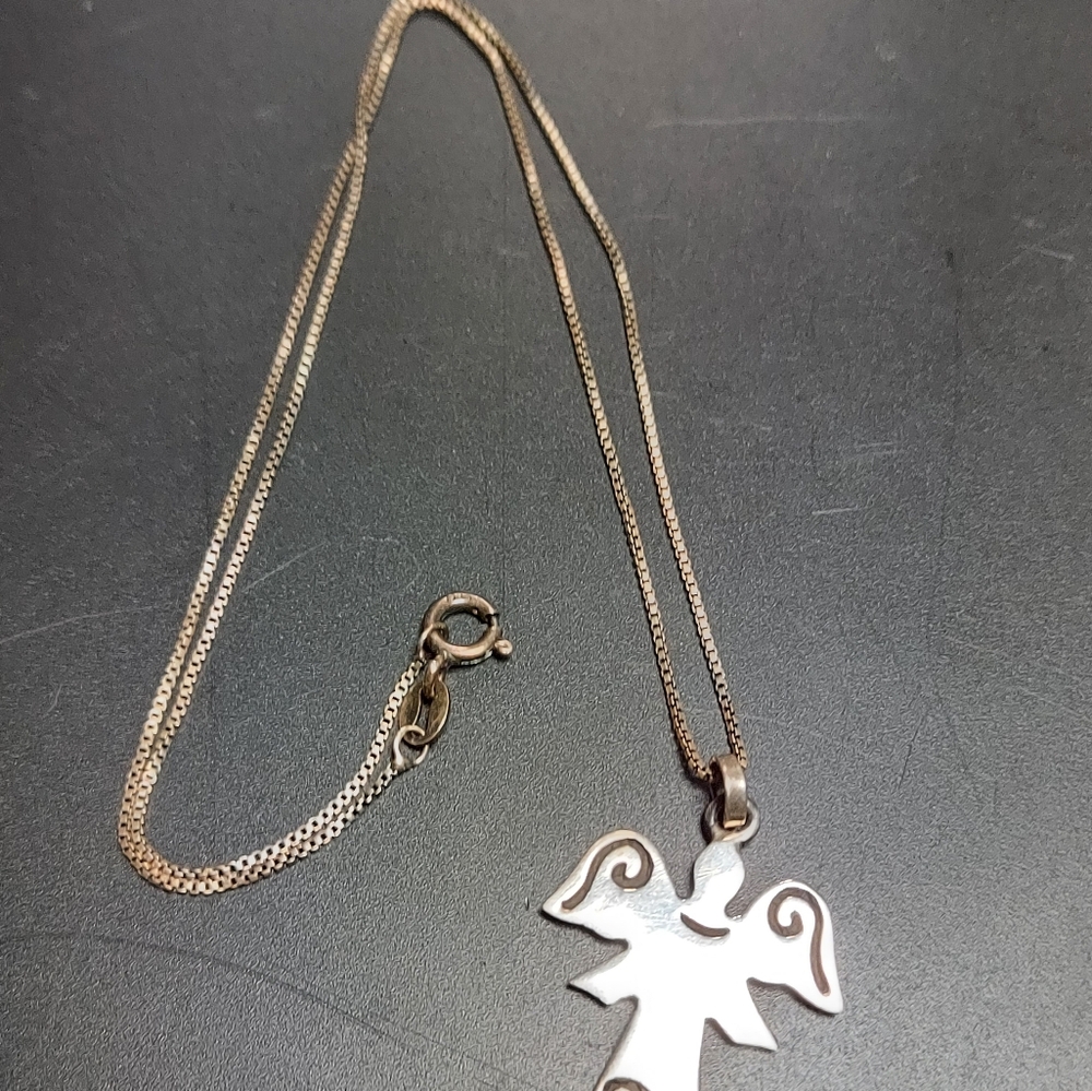 Sterling Silver Angel Pendant Charm 16" Box Chain Necklace 7/8" tall Spring Ring